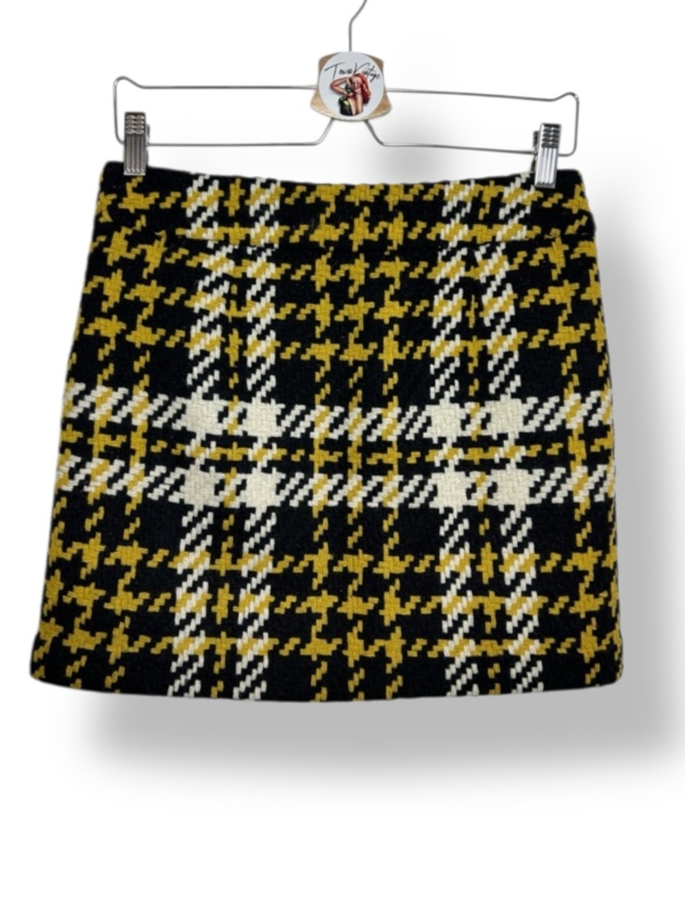 J Crew Plaid Houndstooth Mini Skirt in Black Yellow Cream Wool Clueless Size 0